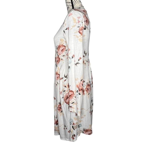 Pink Lily MEDIUM White Pink Floral Long Sleeve Scoop Round Neck Fit Flare Dress - Picture 3 of 7